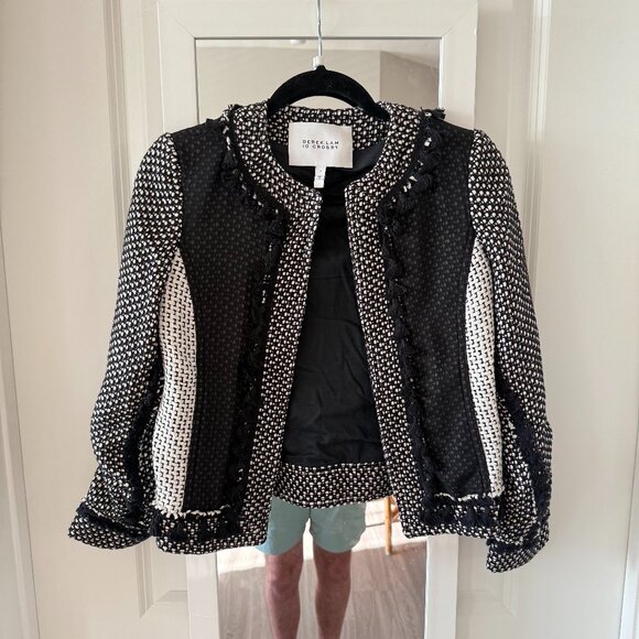 Derek Lam 10 Crosby Black White Tweed Fringed Trim Jacket Size 2 - Picture 2 of 5